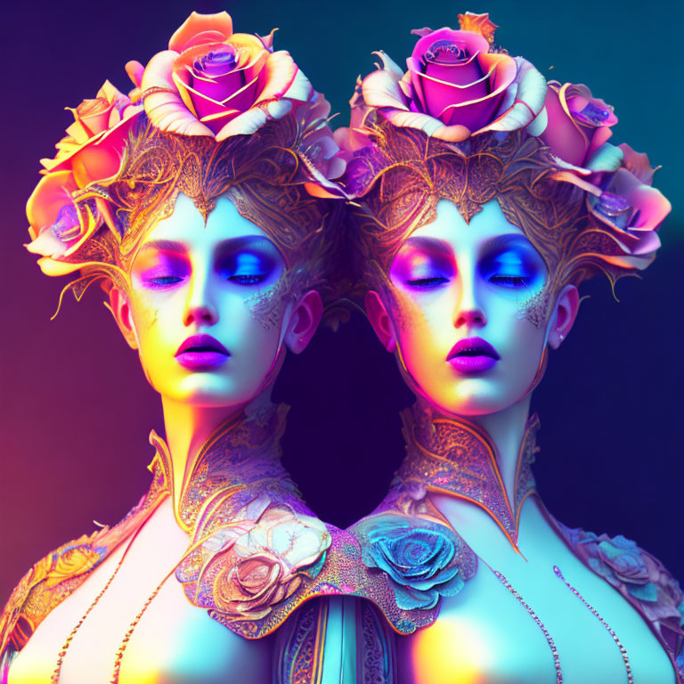 Ethereal figures with floral headpieces and intricate makeup in vibrant lighting