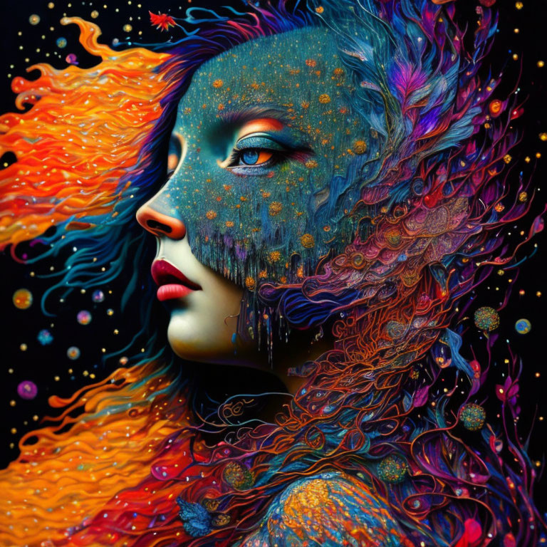 Colorful Cosmic Woman Profile Illustration with Space and Nature Elements