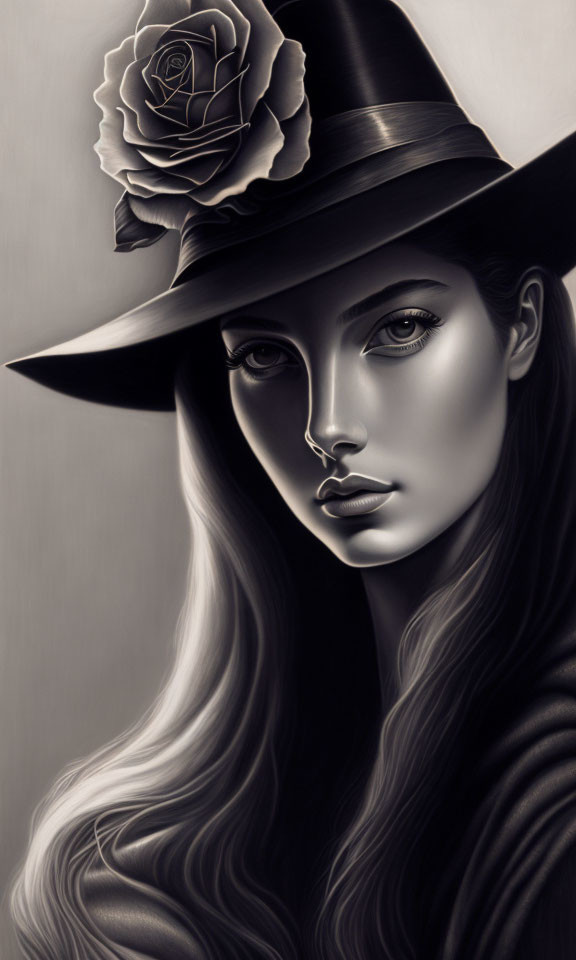 Monochromatic artwork of a woman with wide-brimmed hat and rose