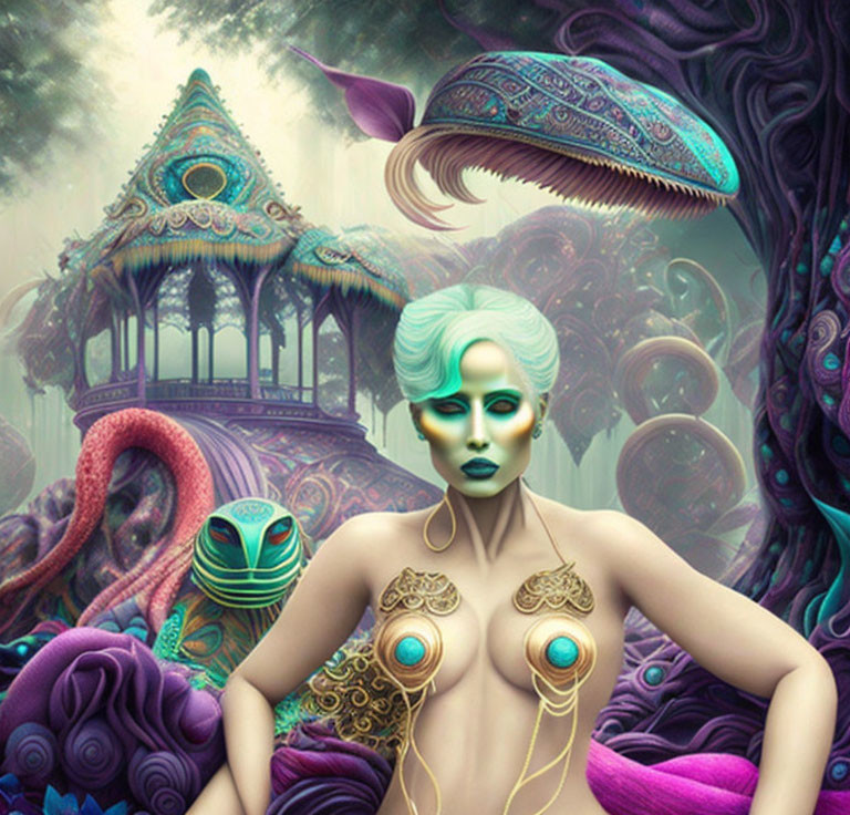 Surreal artwork of female figure with green skin and gold jewelry in fantastical setting