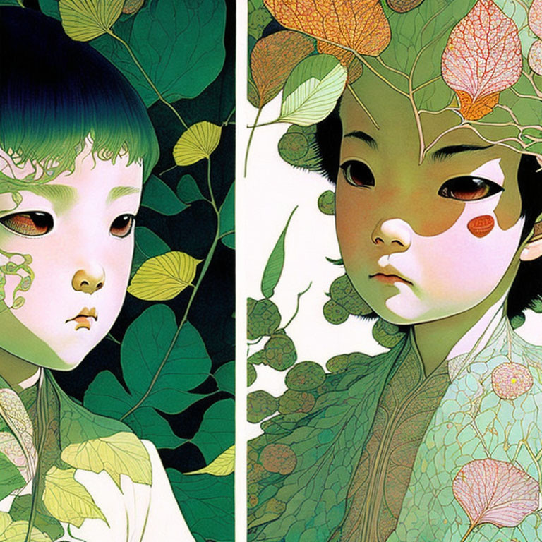 Stylized characters with intricate foliage patterns in serene setting