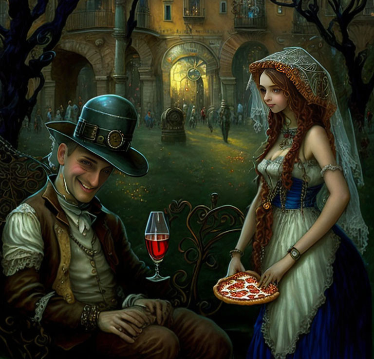 Victorian-style couple in fantasy setting with heart-shaped pizza and enchanted evening.