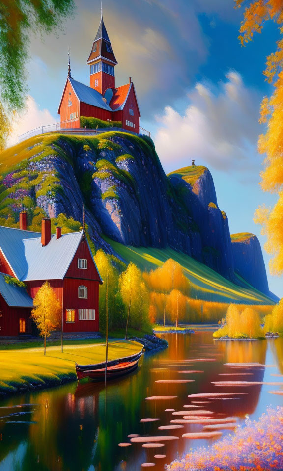 Tranquil lake scene with red house, boat, and church on cliff