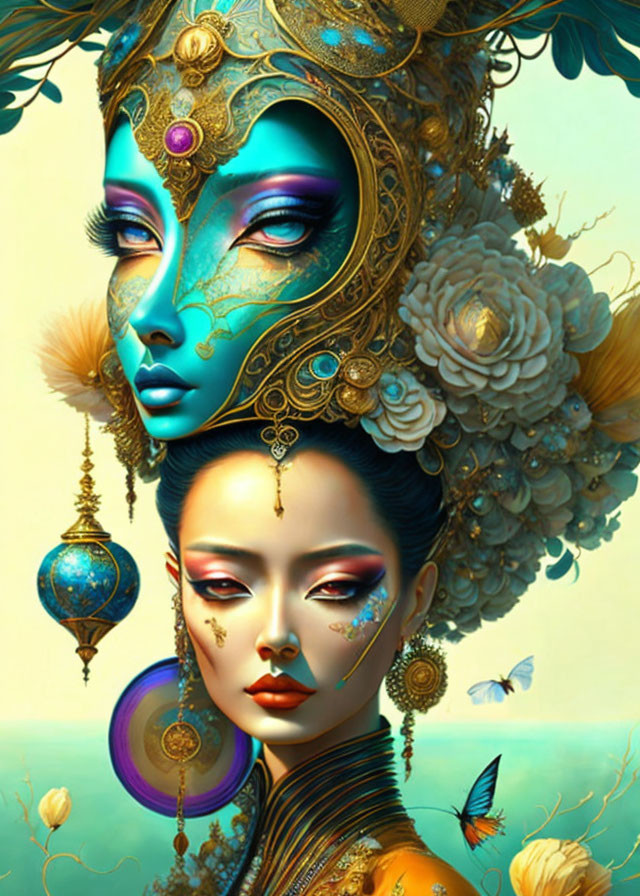 Stylized ornate female faces with golden headpieces and butterflies.