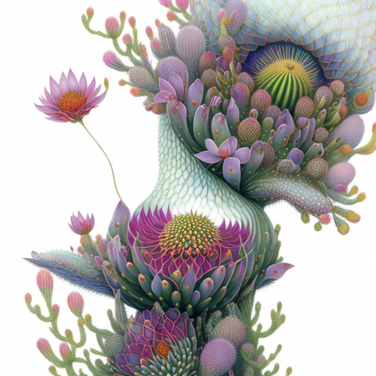 Vibrant botanical illustration with geometric patterns & surreal composition