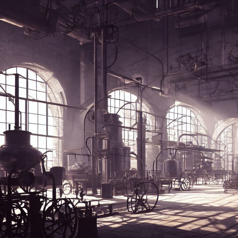 Industrial vintage interior with large arched windows and distillation pipes.