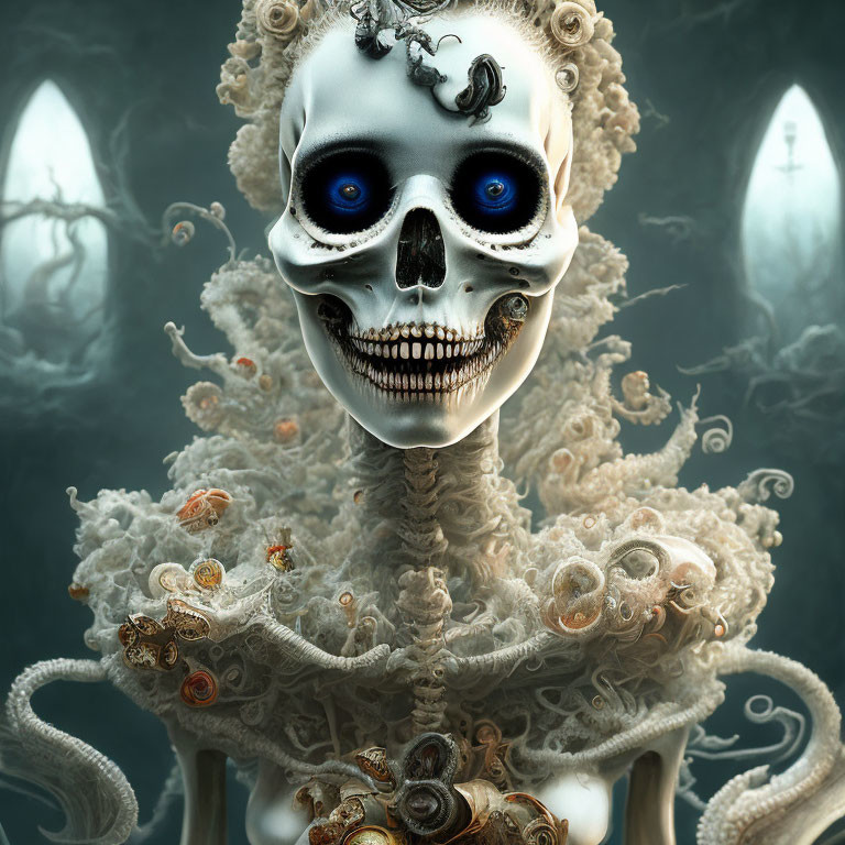 Skeletal figure with blue eyes and bone adornments in misty setting