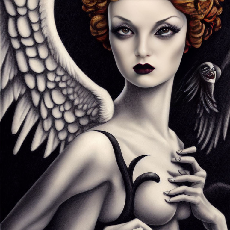 Red-haired woman with angelic wing and sinister figure - Artistic portrayal