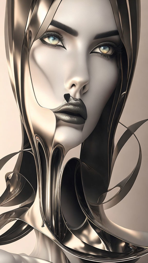 Stylized digital artwork: metallic skin, blue eyes, swirling elements