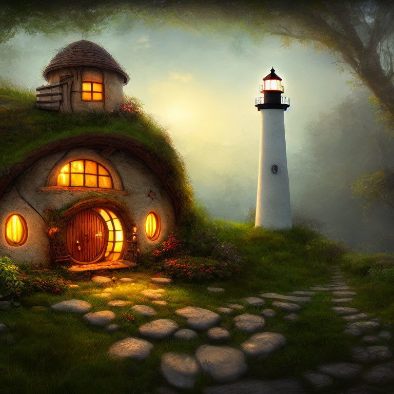 Illustration of cozy hobbit-like house and lighthouse in misty setting