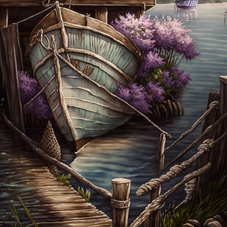 Weathered wooden boat with purple flowers at rustic dock by calm waters