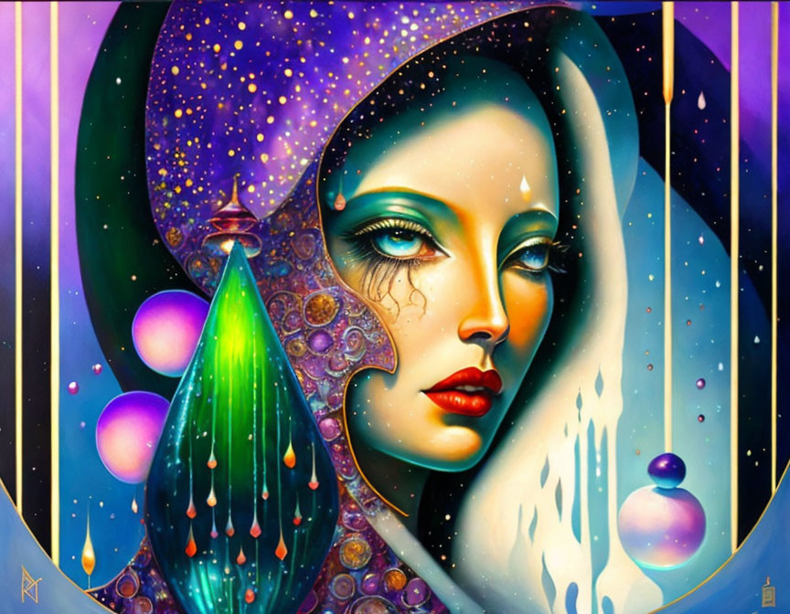 Vibrant surreal painting of woman's face merging with cosmic elements