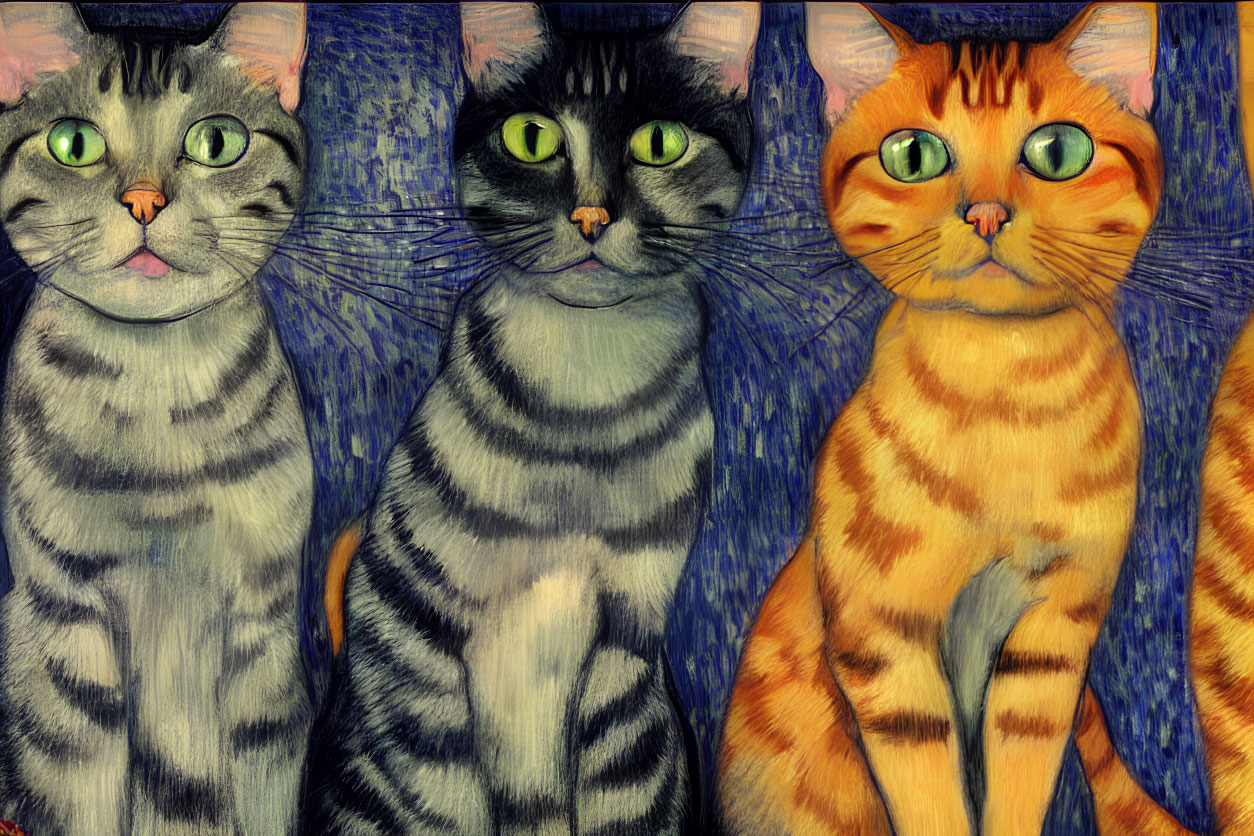 Colorful Stylized Cats with Large Eyes on Blue Patterned Background