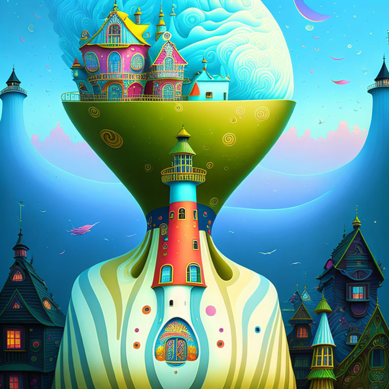 Colorful Illustration of Fantastical Houses on Striped Hill