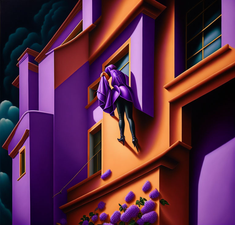 Person in purple cape scaling vibrant building with dark clouds and flowers