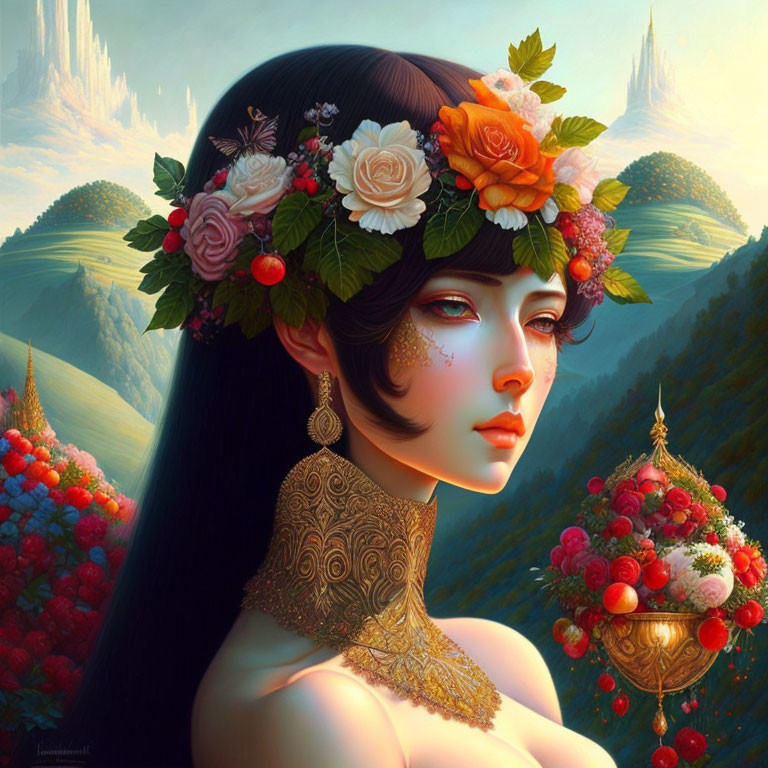 Illustrated woman with floral crown and gold jewelry in fantasy landscape.