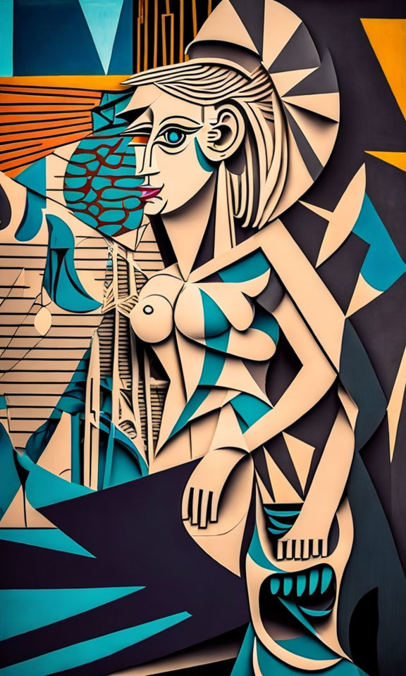 Abstract Cubist-Style Art: Colorful Female Figure with Geometric Patterns