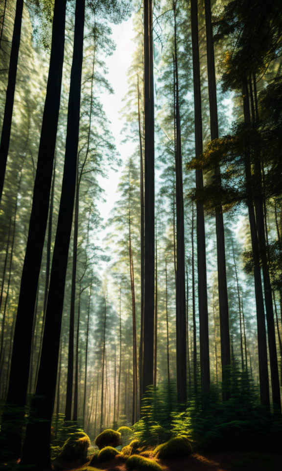 Mystical glow in dense forest with tall trees and misty undergrowth