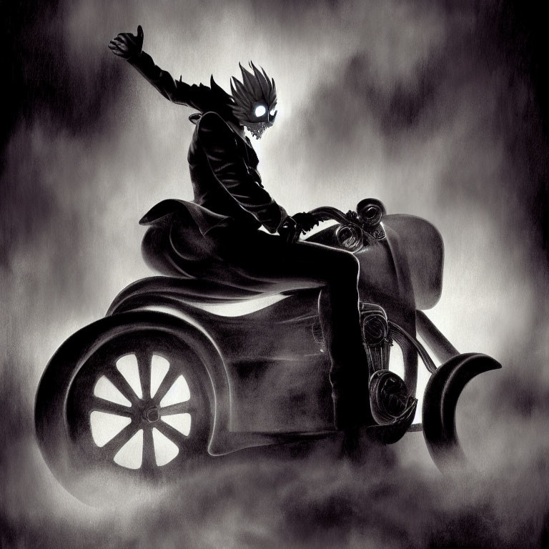 Monochromatic art of stylized figure on futuristic motorcycle