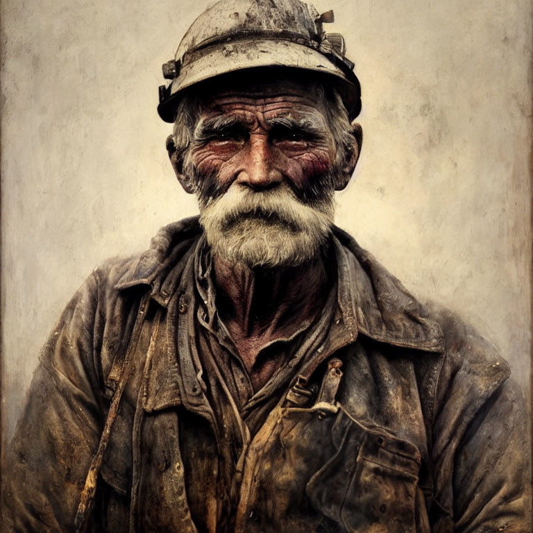 Weathered-faced coal miner in headlamp helmet covered in grime