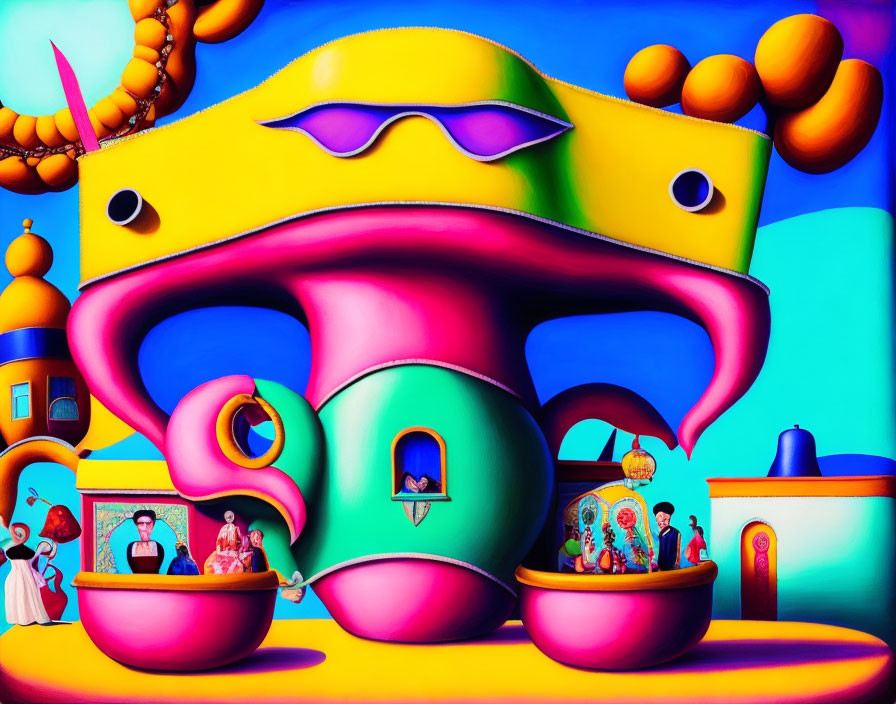 Colorful Surrealist Painting with Whimsical Structures and Figures