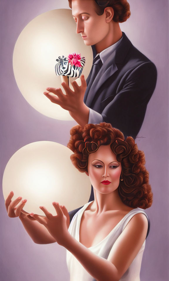 Surreal illustration of man and woman with glowing orbs and zebra in realistic art style