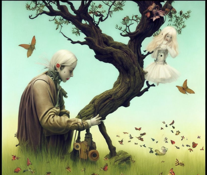 Surreal illustration of pale girl photographing whimsical scene with floating girl by gnarled tree