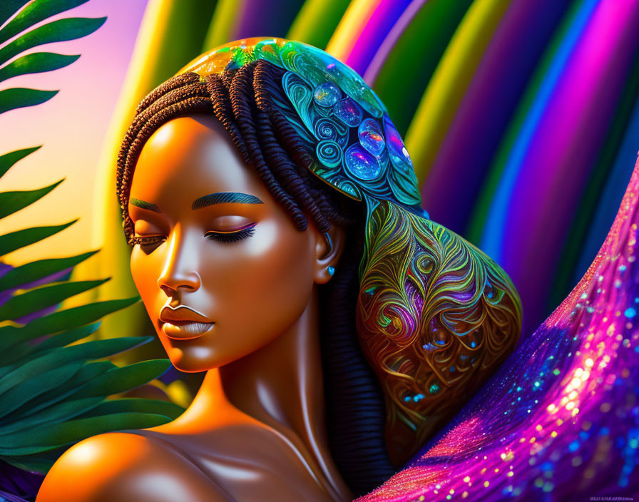 Colorful digital artwork: Woman with stylized features and intricate headdress in vibrant tropical setting