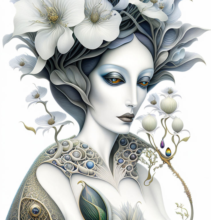 Surreal female figure with pale blue skin and botanical motifs