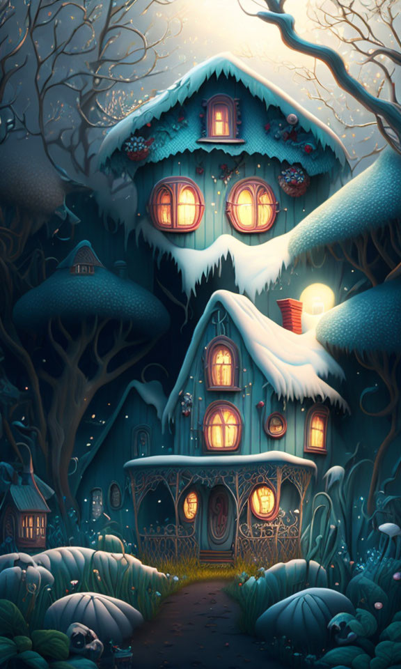 Snow-covered fantasy houses among enchanted trees in twilight