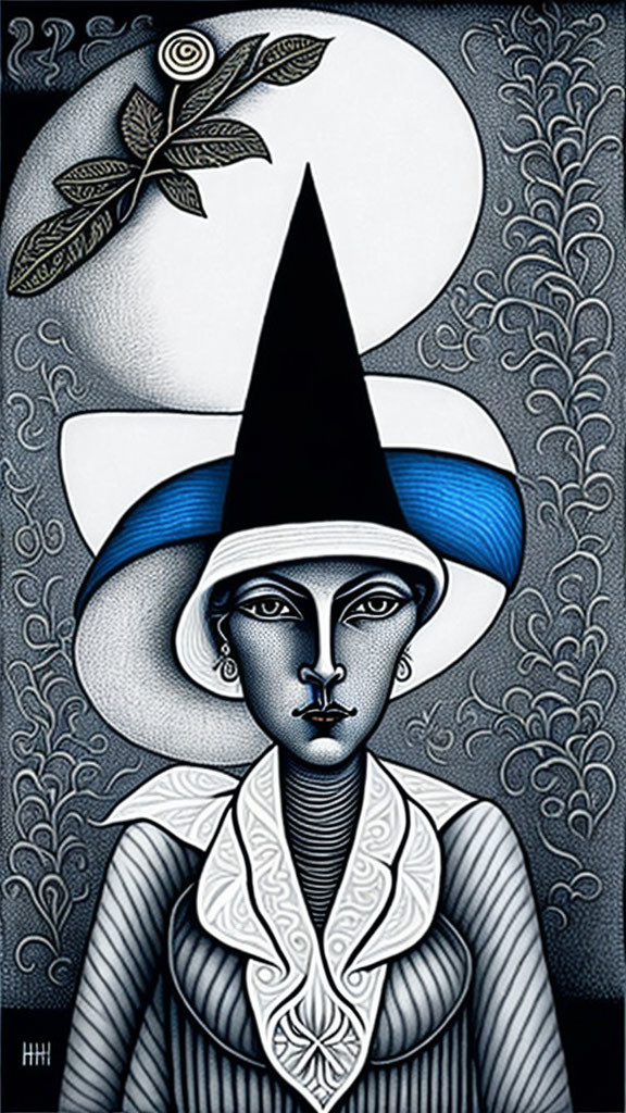 Stylized woman portrait with pointed hat on moon background.