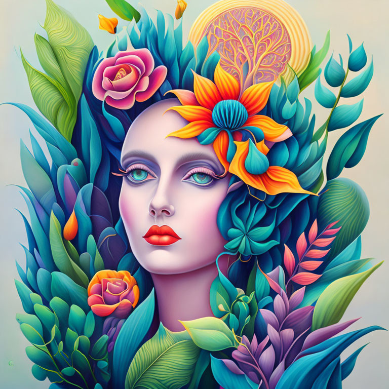 Vibrant floral surreal illustration of a woman's face