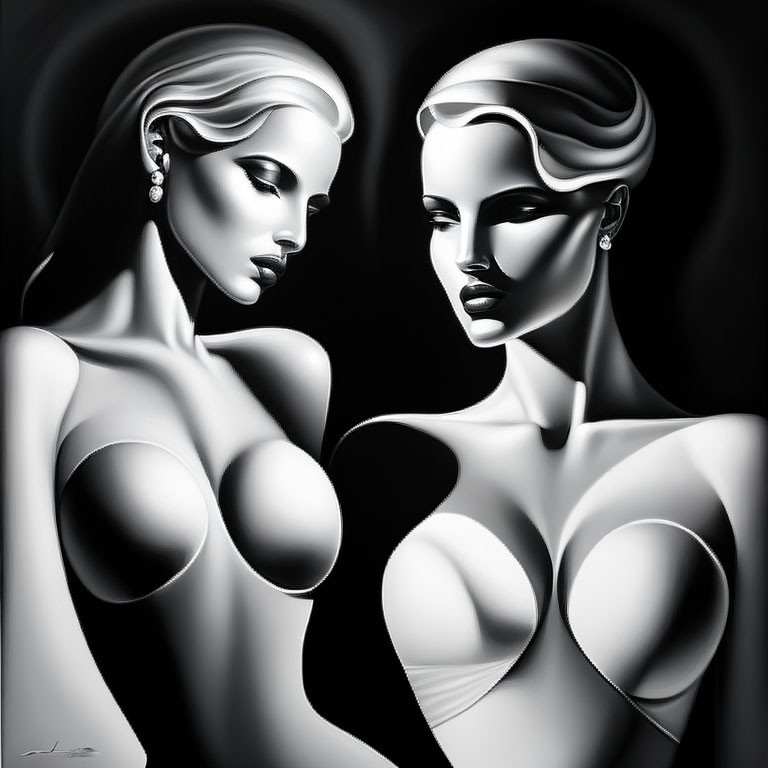 Stylized monochromatic artwork featuring two elegant women with dramatic contrasts.