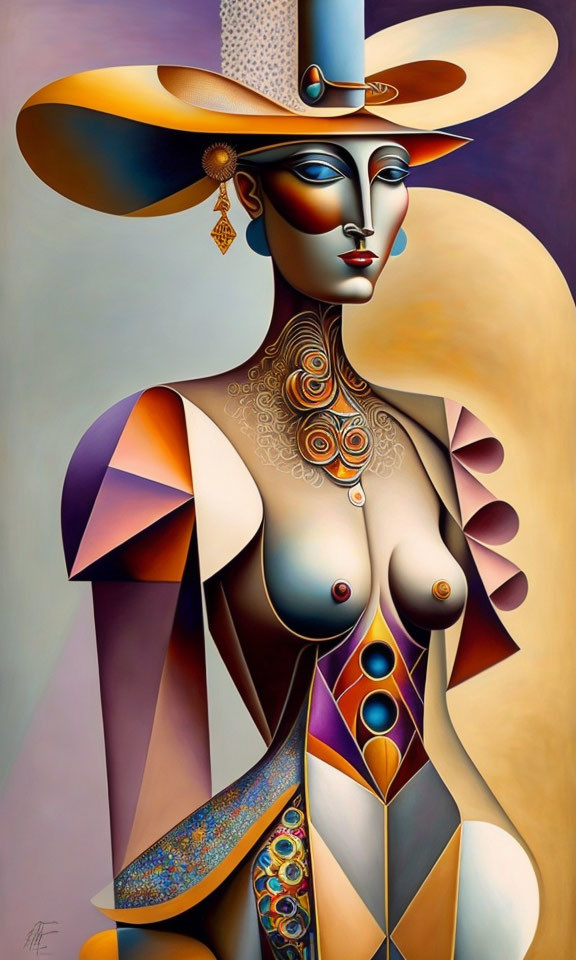 Surrealist painting featuring stylized woman with geometric shapes and oversized hat