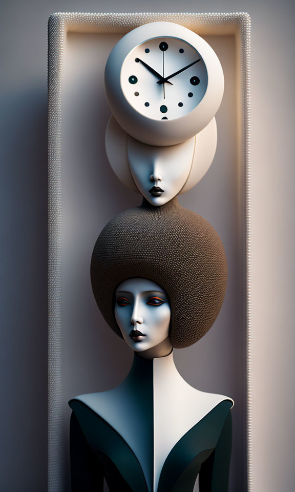 Surrealist artwork: Vertical stack of mannequin heads with clock on top