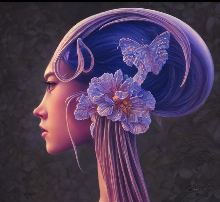 Person with Purple Hair, Butterfly, and Blue Flower on Textured Background