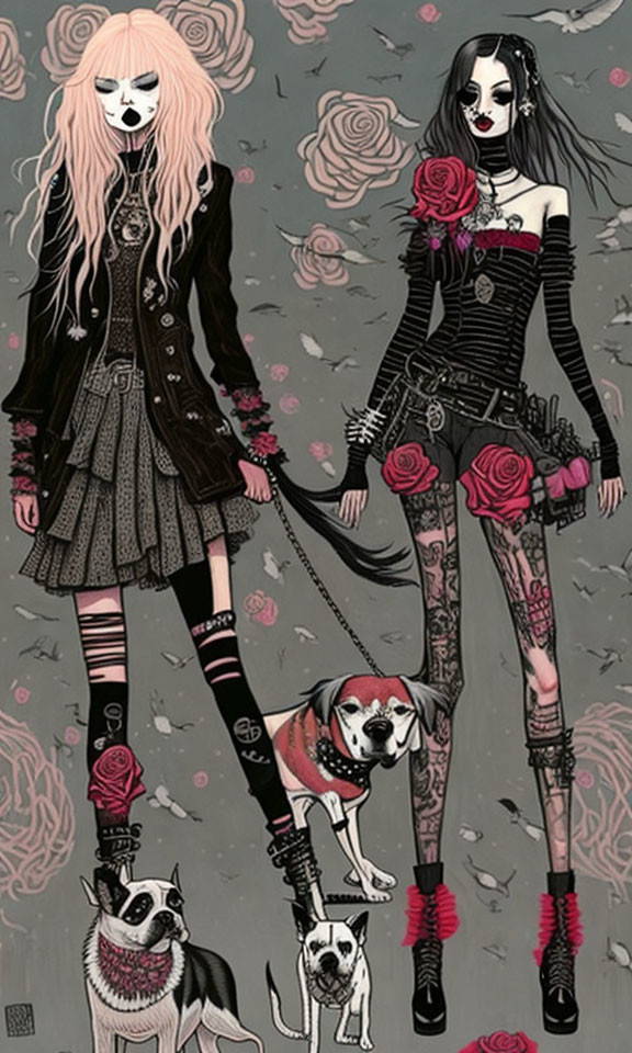 Stylized gothic female figures with roses motif and dogs on floral grey background