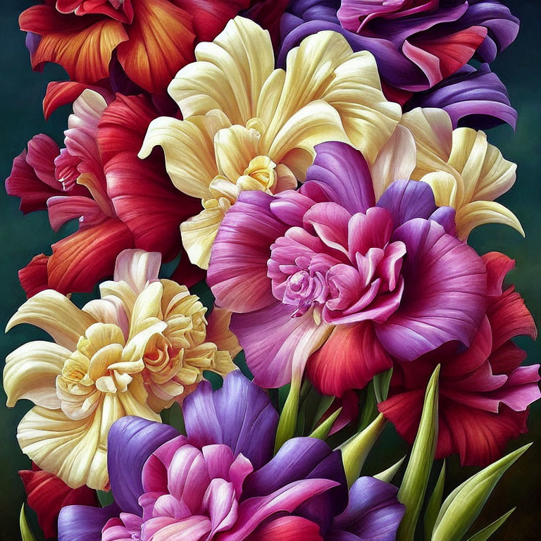 Colorful Tulip Bouquet with Intricate Petals on Dark Background