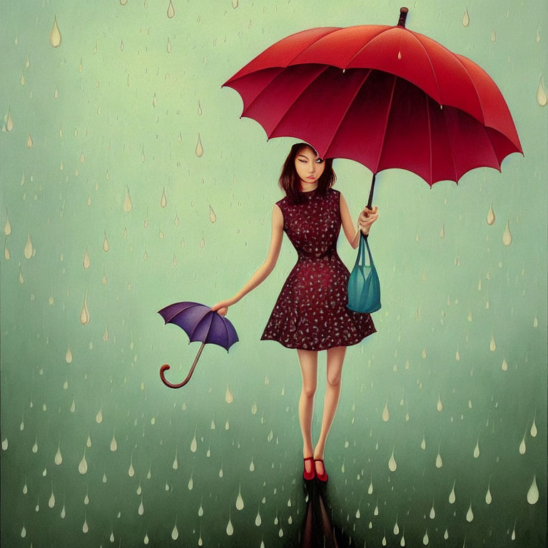 Woman with red and purple umbrellas standing on stump in raindrops, green background