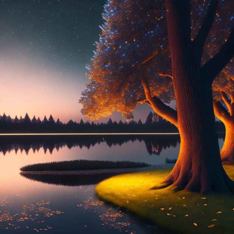 Twilight scene with illuminated trees by a calm lake