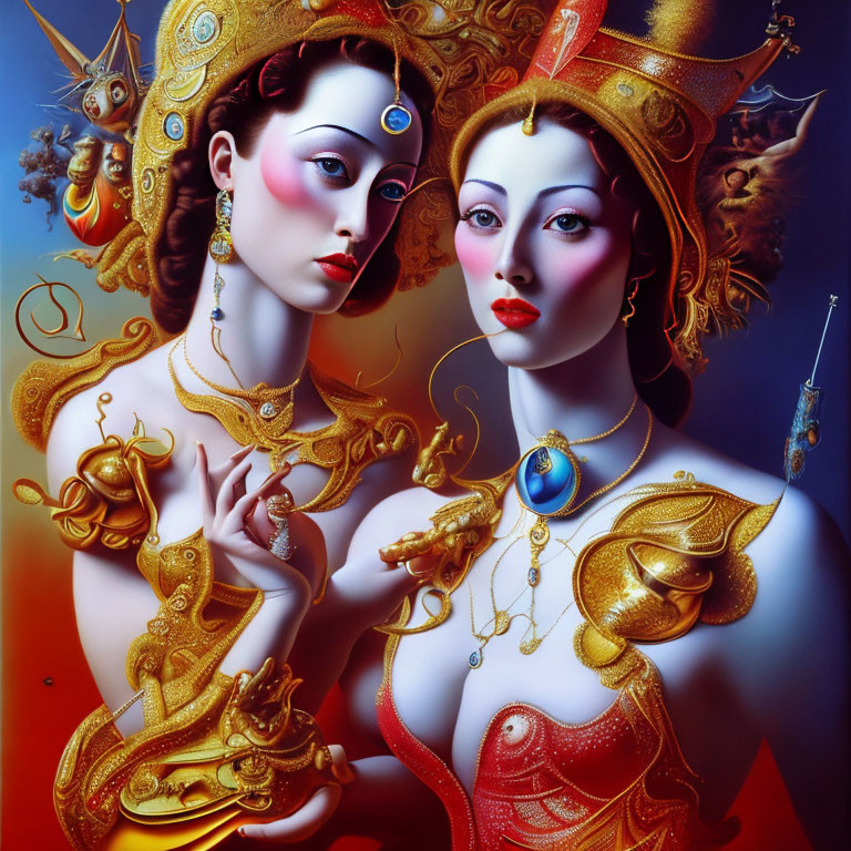 Elaborate Gold Headdresses on Female Figures against Blue Background