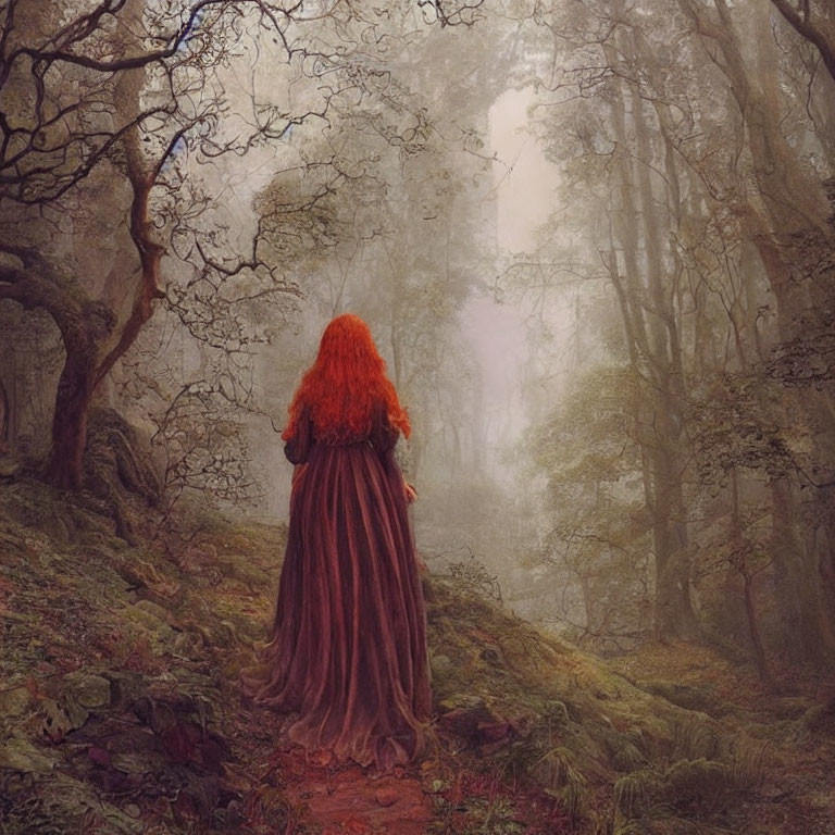 Red-haired person in misty forest wearing red gown