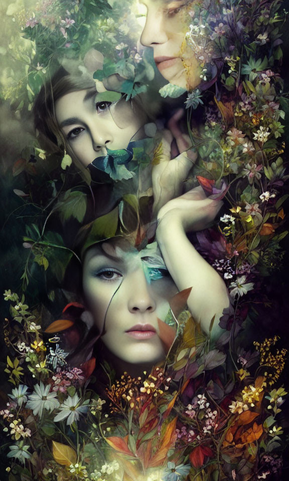 Collage of women's faces with colorful flowers and leaves