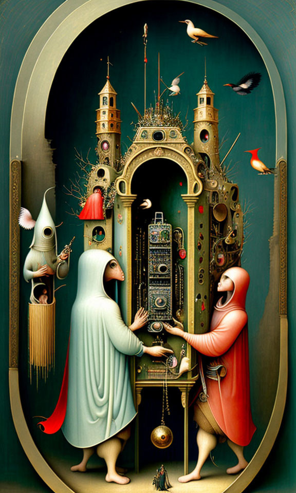 Surreal anthropomorphic figures in robes around ornate mechanical structure with birds and dark backdrop