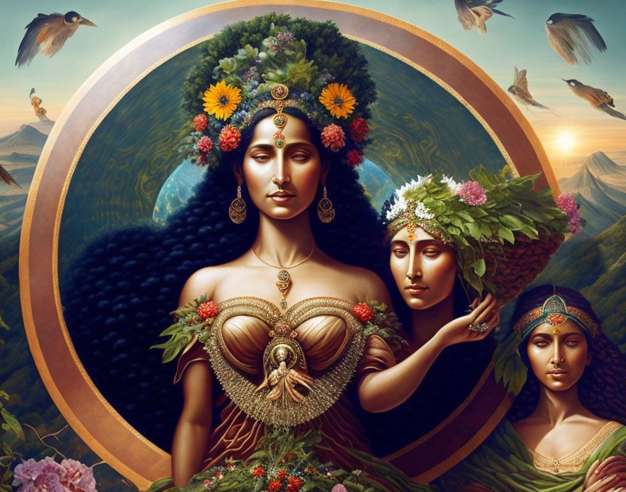 Fantasy art of three women with floral headdresses in mystical setting