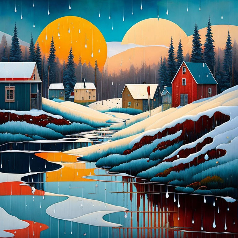 Colorful Stylized Landscape with Snowy Hills and Reflective River