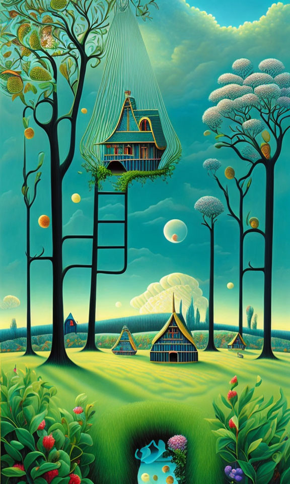 Vibrant tree house painting with fantastical trees and dreamy sky