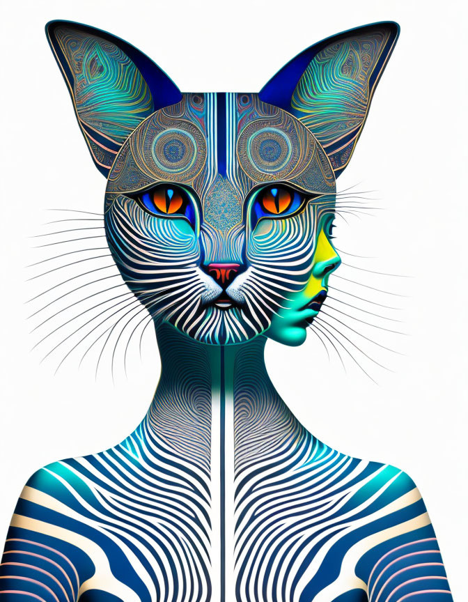 Cat and human features blend in vibrant digital artwork with intricate fur patterns.