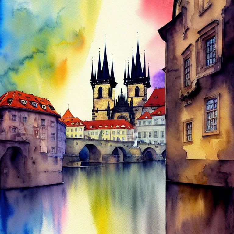 European cityscape watercolor painting with river, bridge, and spires.