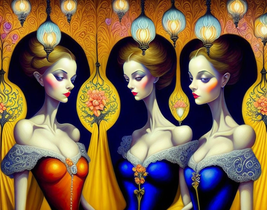 Stylized women with ornate hairstyles and dresses in decorative setting